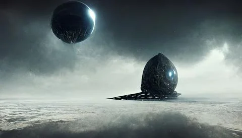 Alien Orb Technology, Spacecraft Over Alien Planet, Science Fiction, Stock Illustration