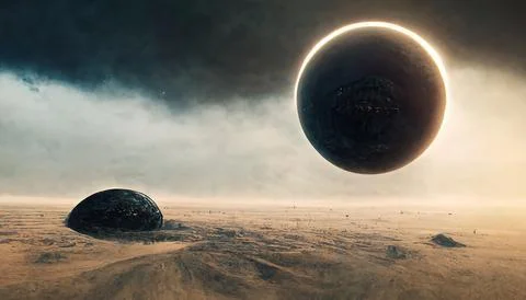 Alien Orb Technology, Spacecraft Over Alien Planet, Science Fiction, Stock Illustration