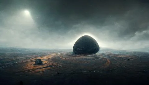 Alien Orb Technology, Spacecraft Over Alien Planet, Science Fiction, Stock Illustration