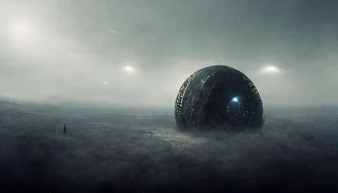 Alien Orb Technology, Spacecraft Over Alien Planet, Science Fiction, Stock Illustration