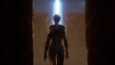 The alien pharaonic queen strides majestically toward the UFO beam Stock Footage 292637205