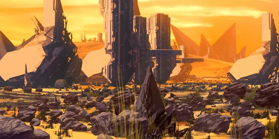 Alien planet. Abandoned construction site in deep forest. Stock Illustration