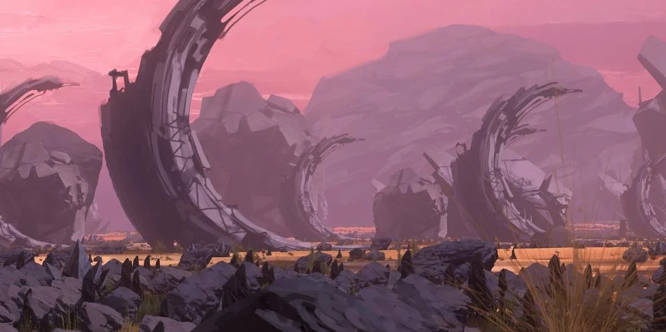 Alien planet. Abandoned construction site in deep forest. Stock Illustration