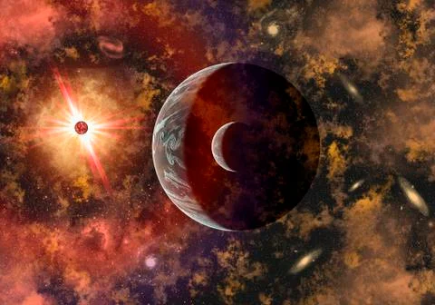 An alien planet and its moon in orbit around a red giant star. Stock Illustration