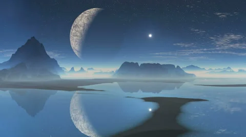 Alien planet and the moon in the reflection Stock Footage 61875453