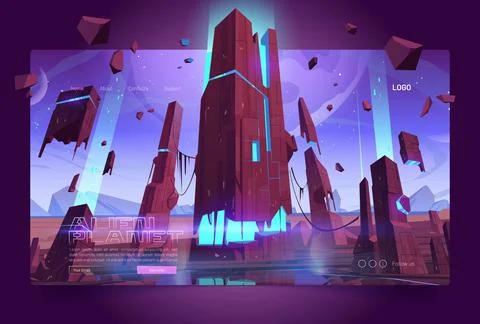 Alien planet banner with land surface and ruins Stock Illustration