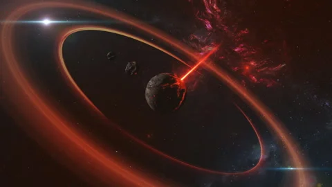 An Alien Planet Bathed in an Eerie Orange Glow, Surrounded by Glowing Rings. Stock Footage 300380824