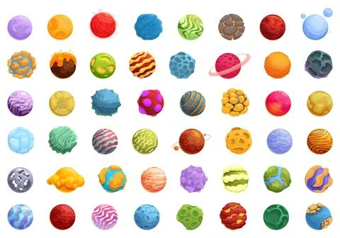 Alien planet for game icons set cartoon vector. Fantasy alien planet 스톡 일러스트