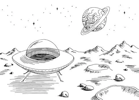Alien planet graphic UFO flyer spaceship landed space landscape sketch vector Illustrazione stock