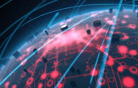 Alien Planet With Illuminated Network And Light Trails Stock Illustration