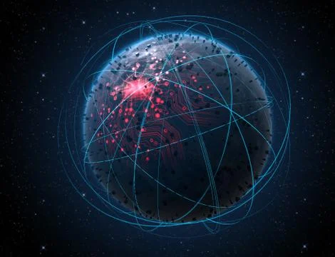 Alien Planet With Illuminated Network And Light Trails Stock Illustration