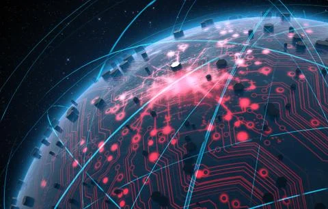 Alien Planet With Illuminated Network And Light Trails Stock Illustration