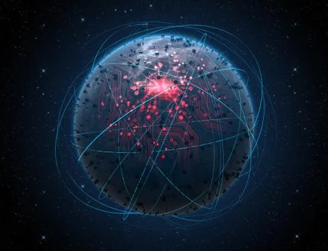 Alien Planet With Illuminated Network And Light Trails Stock Illustration