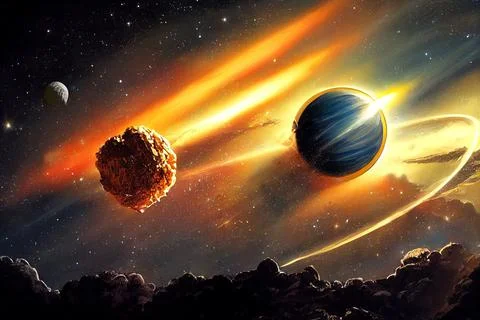 Alien planet landscape with exploding satellite. Stock Illustration