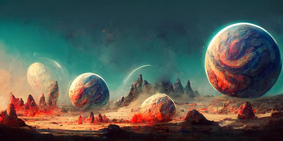 Alien planet landscape with exploding satellite. Stock Illustration