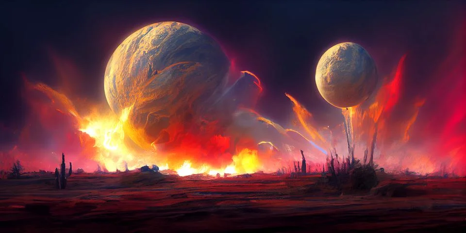 Alien planet landscape with exploding satellite. Stock Illustration