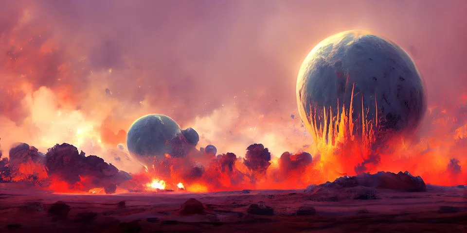 Alien planet landscape with exploding satellite. Stock Illustration