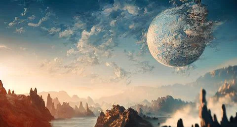 Alien planet landscape with exploding satellite. 스톡 일러스트