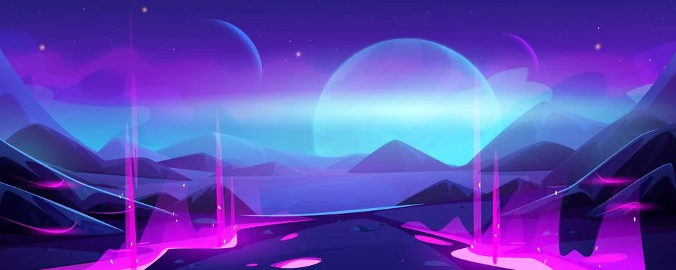 Alien planet landscape with neon light Stock Illustration