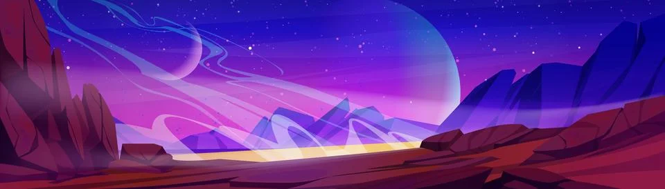 Alien planet landscape, space with moon and stars Stock Illustration