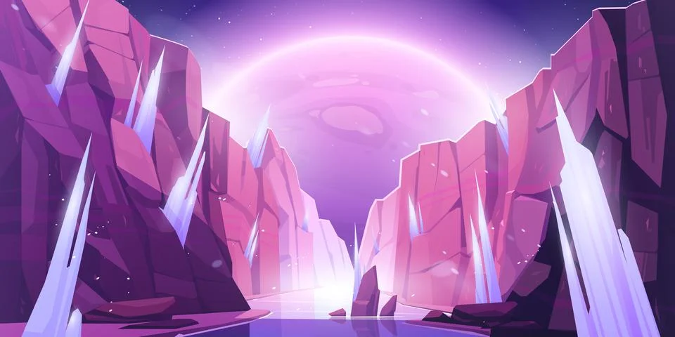 Alien planet landscape space view, frozen canyon Stock Illustration