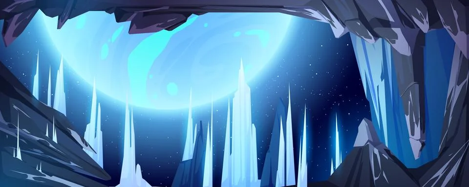 Alien planet landscape space view from frozen cave Stock Illustration