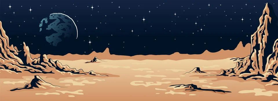 Alien Planet Landscape - Vector Sci-Fi Desert Background with Stars and Craters Stock Illustration