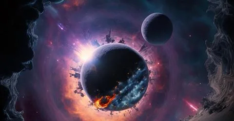 Alien planet with moon in dark deep space Stock Illustration