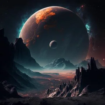 Alien planet with moon in dark deep space background Stock Illustration