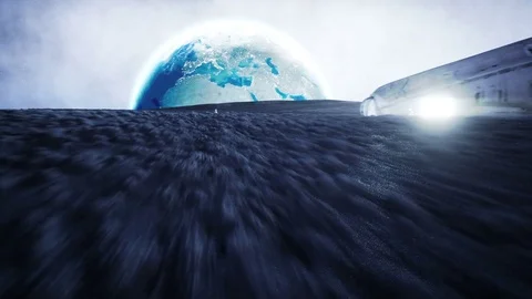 Alien on planet, moon. Earth on backgound. UFO. Realistic motion and shaders. 4K Stock Footage 81449472