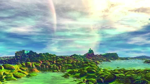 Alien Planet. Mountain and  water. Animation. Panorama. 4K Video stock 85982910