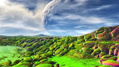 Alien Planet. Mountain and  water. Animation. Panorama. 4K Video stock 85982917