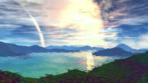 Alien Planet. Mountain and  water. Animation. Panorama. 4K Stockbeeldmateriaal 85982919