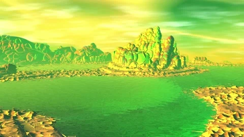 Alien Planet. Mountain and  water. Animation. Panorama. 4K Stockbeeldmateriaal 85982941