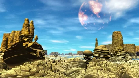 Alien Planet. Mountain and  water. Animation. Panorama. 4K Stockbeeldmateriaal 85982978