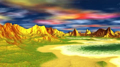 Alien Planet. Mountain and  water. Animation. Panorama. 4K Stockbeeldmateriaal 85983003