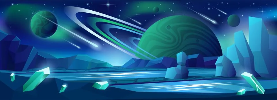 Alien planet in outer space with fantasy landscape, blue stones, fairy green Illustrazione stock