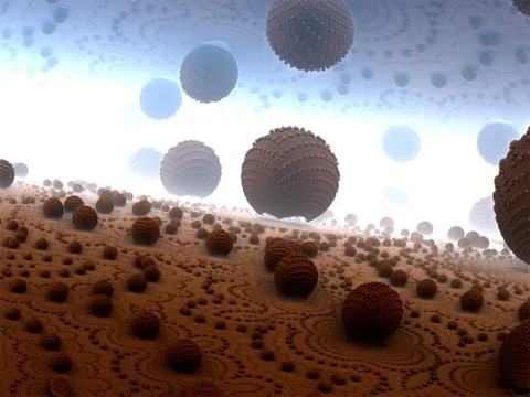 Alien planet surface with falling or levitating structured spheres Stock Illustration