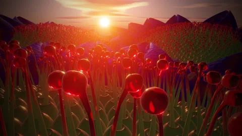 Alien plant flower bulbs sunset glow 3d seamless loop Stock Footage 218398453