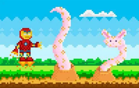 Alien plants with tentacles attack robot. Cosmic meadow with flying iron man in Stock Illustration
