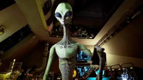 Alien presses the keys on sci-fi hologaphic screen. 3D Rendering Stock Illustration