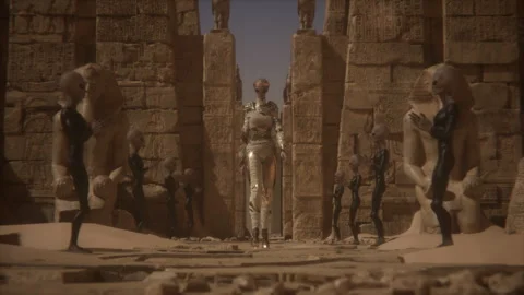The alien queen leads a grand procession through the pharaonic temple halls Stock Footage 292639864