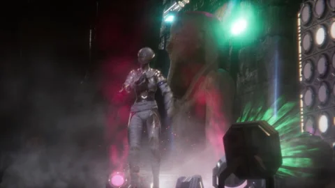 Alien queen mummy singing rock on stage in a cosmic concert Stock Footage 294037422