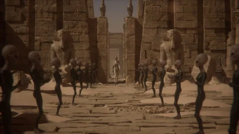 The alien queen strides through the pharaonic temple as aliens bow in awe Stock Footage 292656562