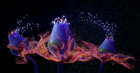 Alien Rainbow Flowers Close View 3D Render Stock Illustration