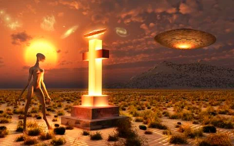 An alien returning to the famous crash site in Roswell, New Mexico. 库存插图