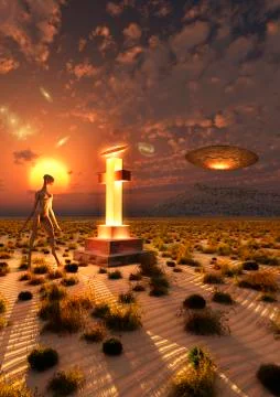 An alien returning to the famous crash site in Roswell, New Mexico. 库存插图