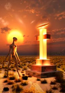 An alien returning to the famous crash site in Roswell, New Mexico. 库存插图