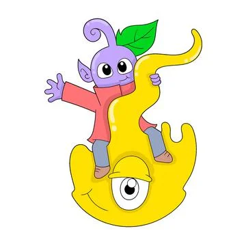 Alien is riding a squishy monster, doodle icon image kawaii Stock Illustration