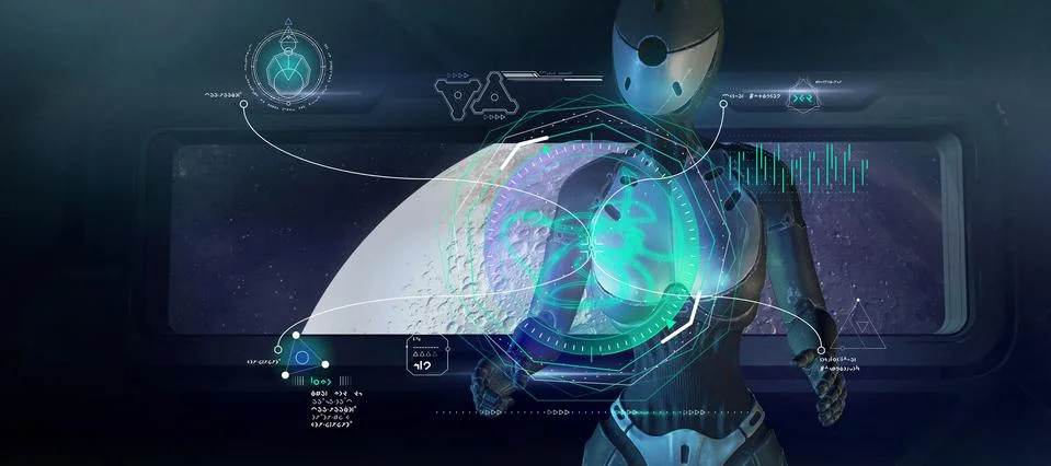 An alien robot is analyzing data on an unknown living organism. Stock Illustration